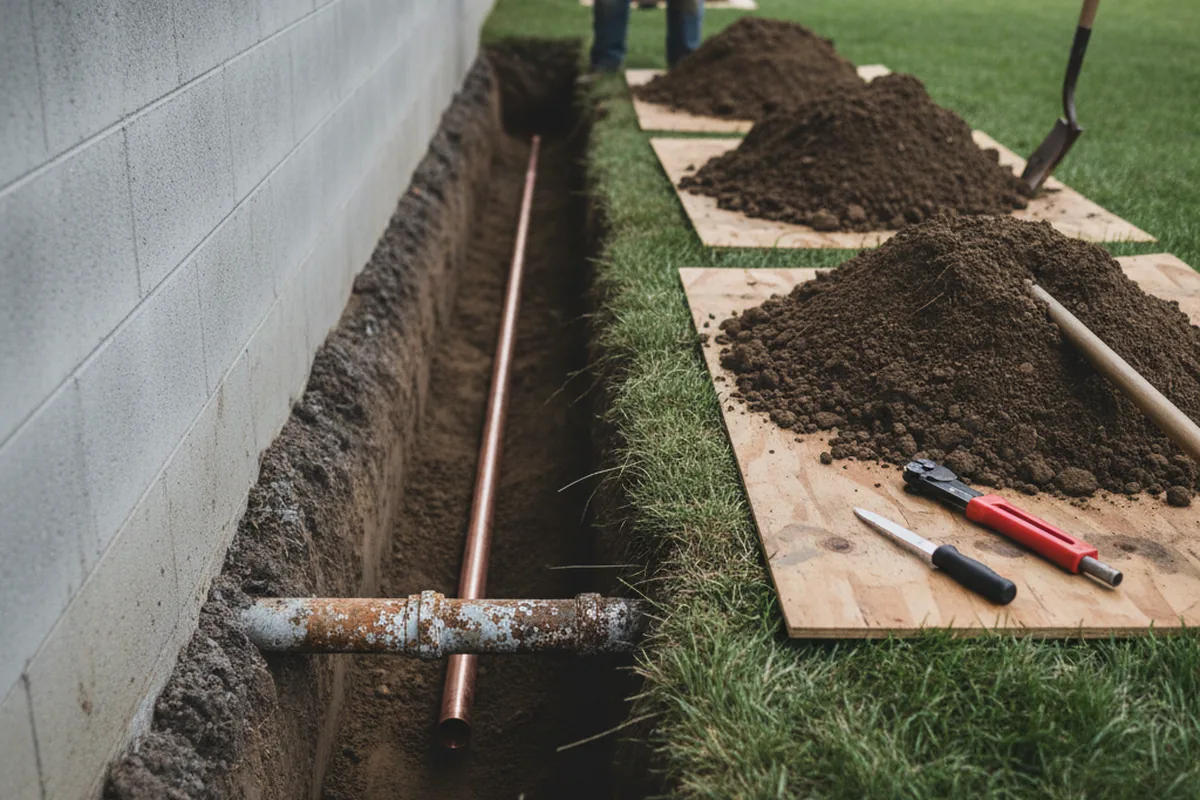 Excavated water line trench during Water Softener Installation in Lilly